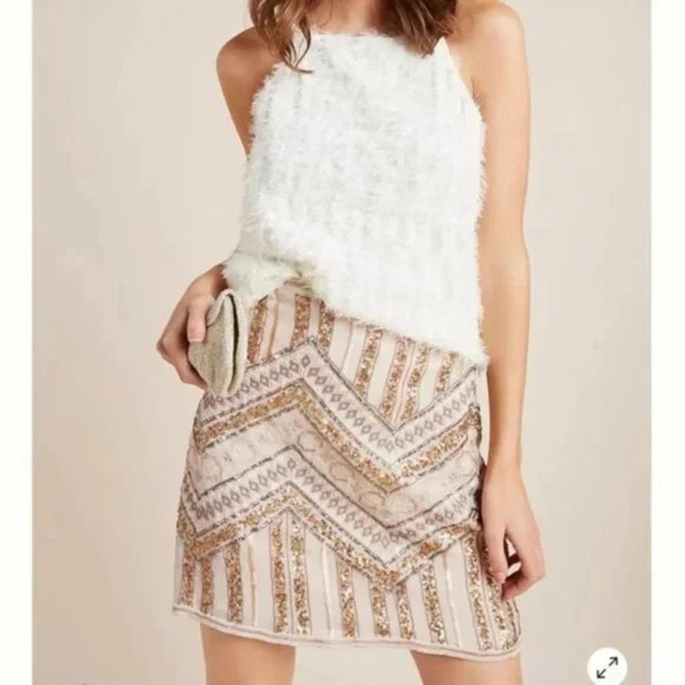 Anthropologie Chic White and Gold Chevron Skirt
